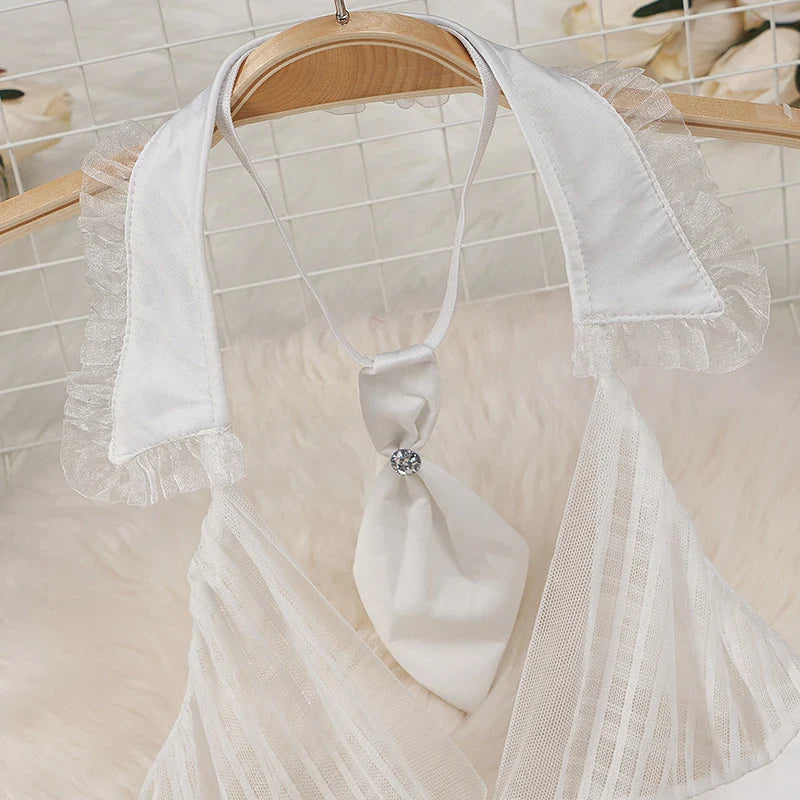 Sexy French-Inspired Lingerie Set with Button Straps Patchwork Short Skirt V-Neck Bow Tie 4-Piece Erotic Cosplay Underwear Suit