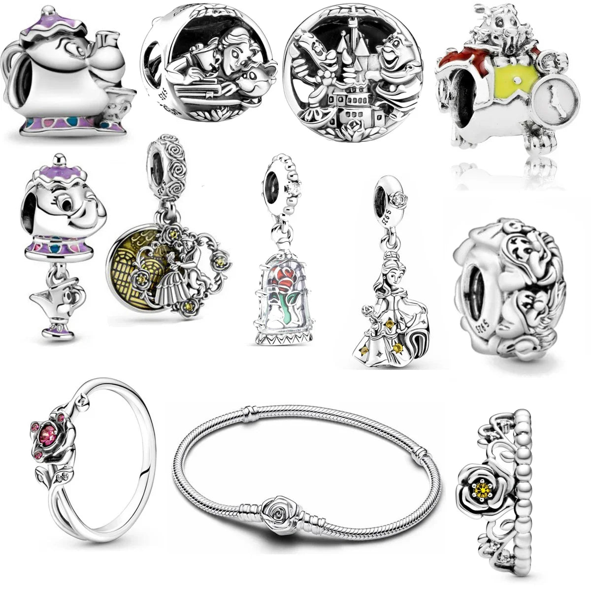 Beauty and the Beast 925 Sterling Silver DIY Charm for 3mm Bracelets with Eternal Rose Design