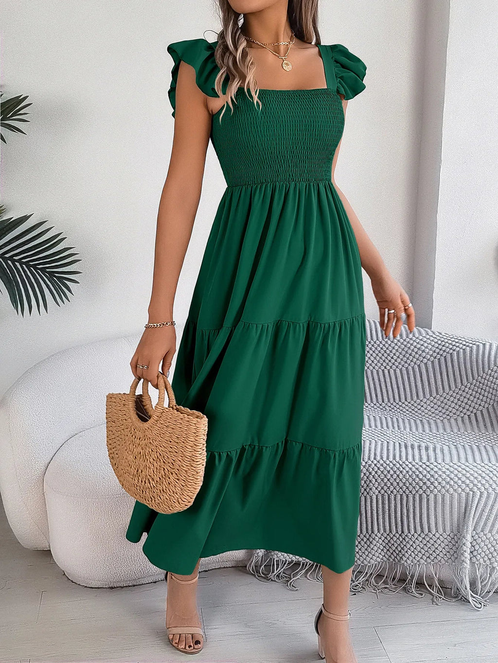 Square Neck Maxi Dress for Women Solid Summer Color