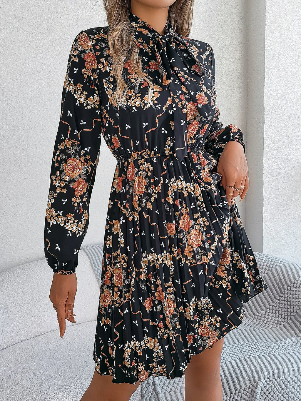 Floral Print Lace Up Long Sleeve Pleated Dress With Bow
