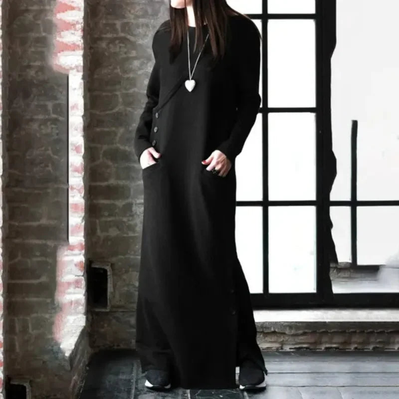 Women Winter Warm Maxi Dress With Fleece Lining Long Sleeve