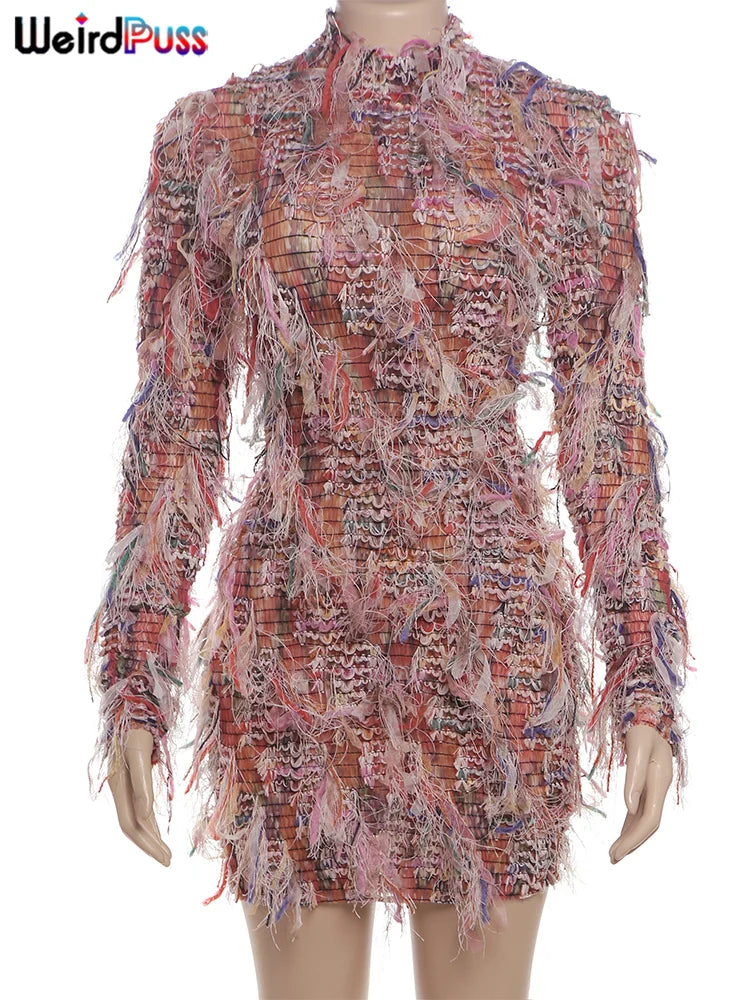 Crochet See Through Dress With Colorful Tassels Bodycon