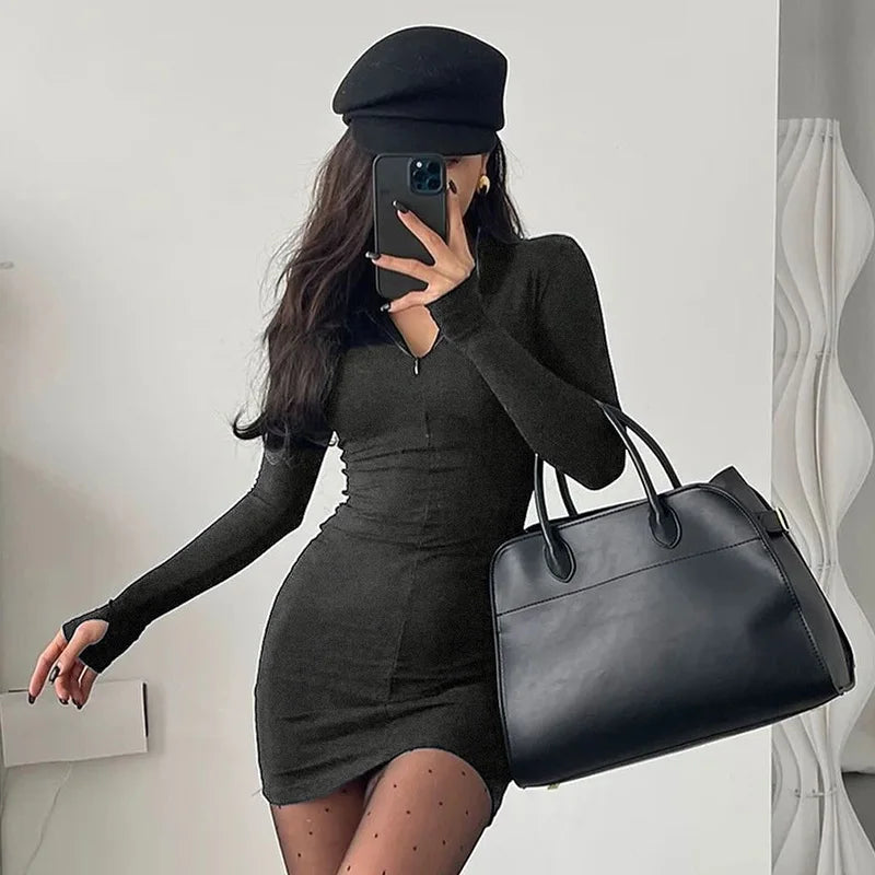 Autumn Black Turtleneck Knitted Bodycon Dress For Women