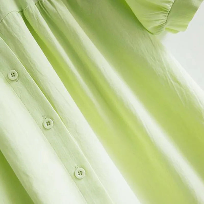 Blue Peter Pan Collar Single Breasted Short Sleeve Loose Fit Women's Blouse Shirt Lightweight Casual Top