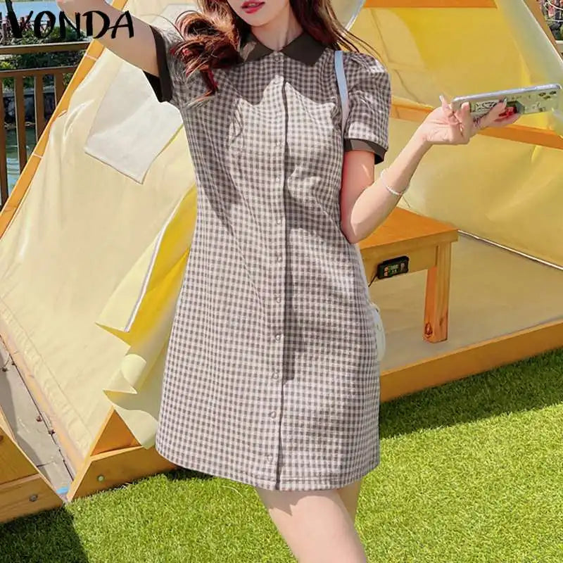 Boho Plaid Mini Dress Puff Sleeve A Line Sundress Style