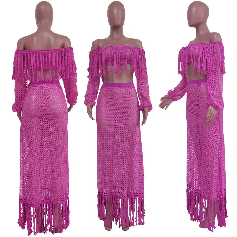 Fringed Tassel Two Piece Women's Beachwear Set Crochet Hollow Out See Through Crop Top and Long Skirt Vacation Outfit