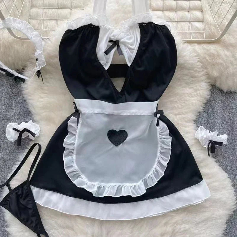 Maid Cosplay Nightwear Set Halter Hollow Out Thong