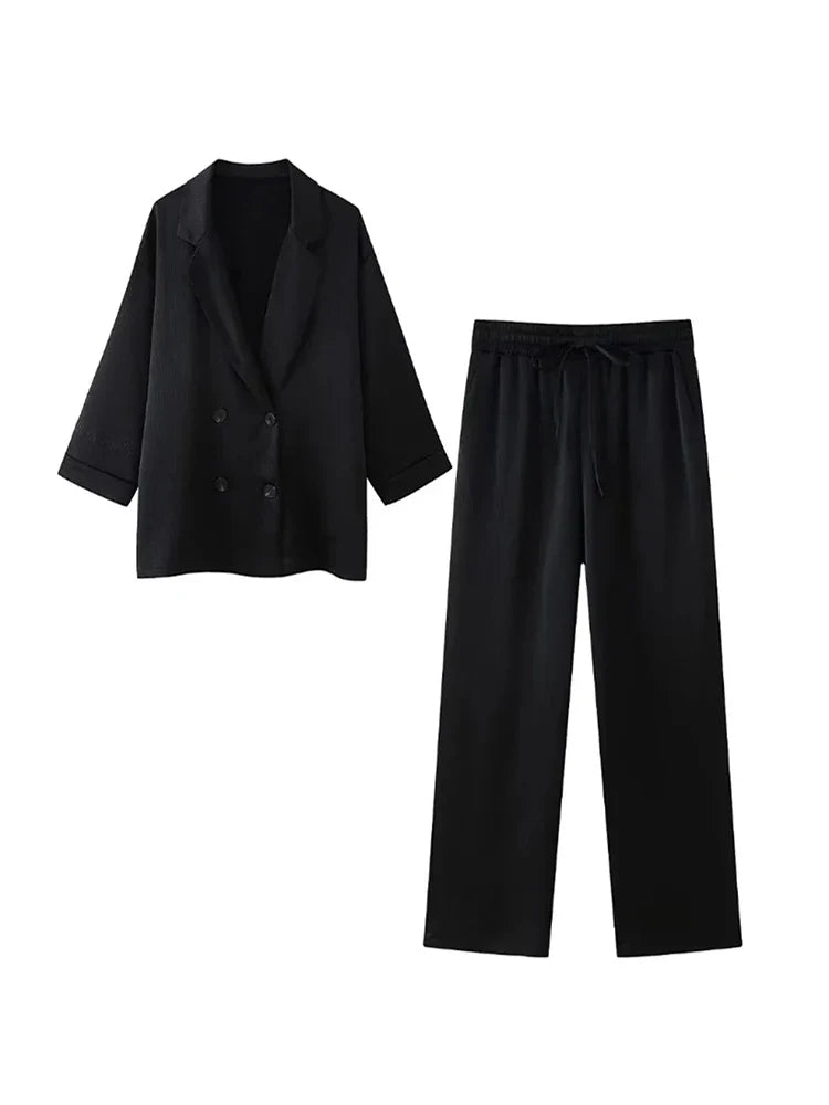 Women's Satin Blazer and High Waisted Straight Leg Pant Set with Crease Texture