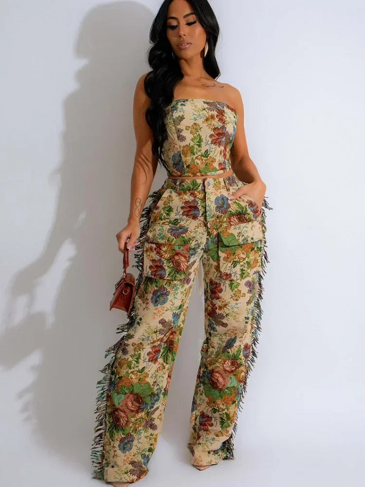 Floral Print Two Piece Set for Women with Strapless Crop Top and Side Tassel Wide Leg Pants for Y2K Birthday Parties