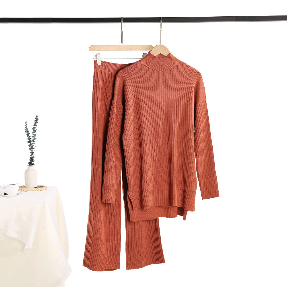 Autumn Winter Women's Knitted Tracksuit Set with Half Turtleneck Sweater and Wide Leg Jogging Pants