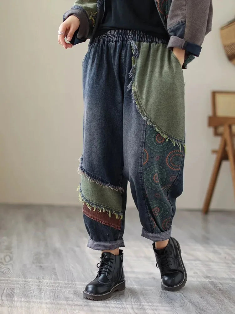 Womens Vintage Denim Two Piece Set with Printed Jacket and Casual Jeans