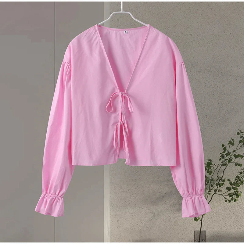 Elegant Solid Lace-Up V-Neck Blouse for Women with Lantern Sleeves and Hollow Out Detail Loose Fit Chic Female Shirt