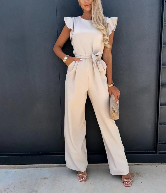 Elegant Lace Up High Waist Jumpsuit for Women with Straight Leg and Ruffle Edge Sleeves in Solid Color