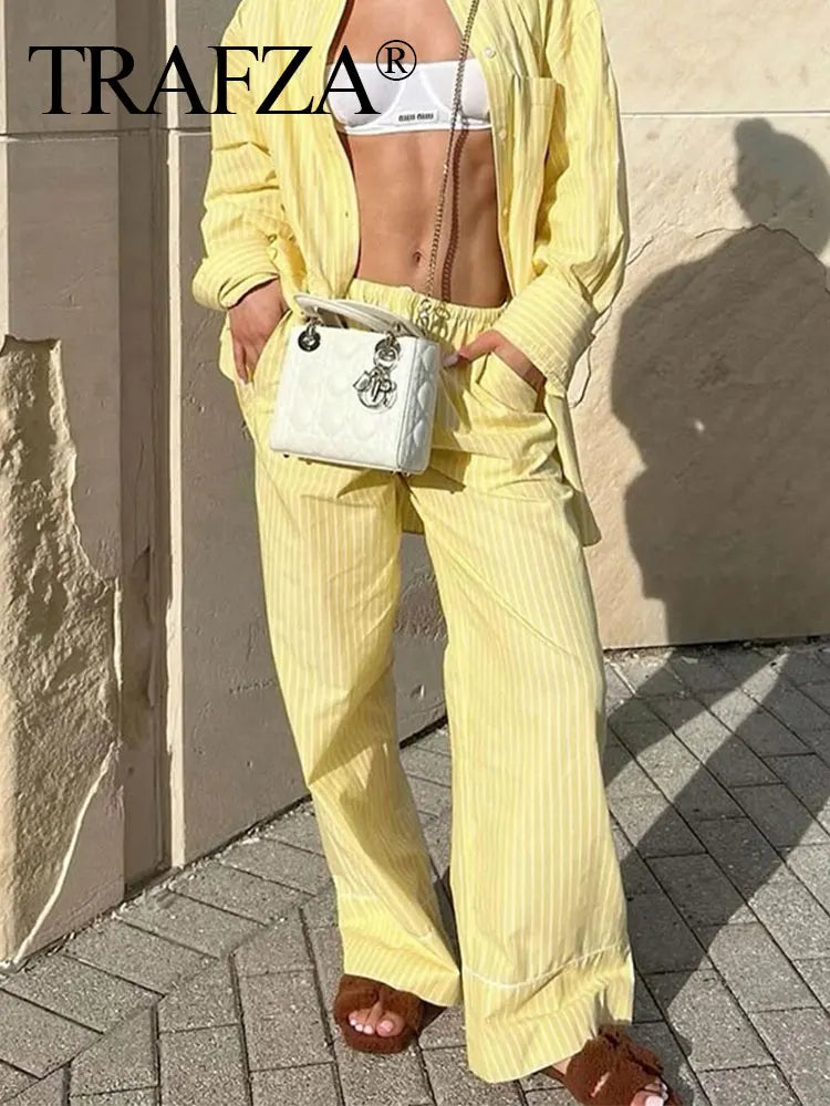 Stylish Women's Yellow Striped High Waist Drawstring Casual Trousers Cozy Loose Long Pants