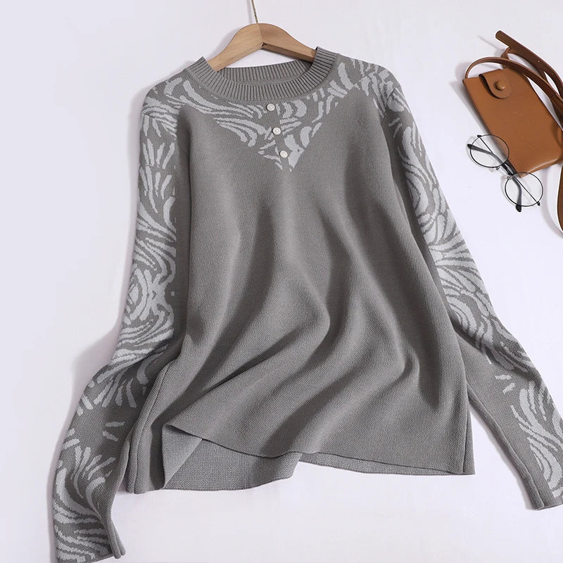 Women Casual Printed Two-Piece Knit Pullover and High Waist Wide Leg Pants Office Suit