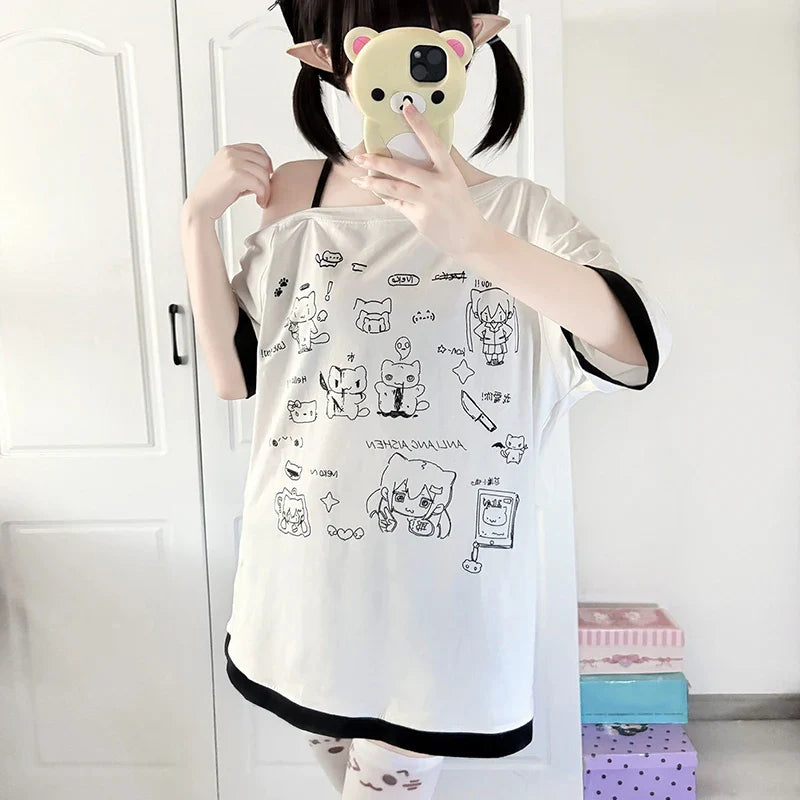 Japanese Y2K Subculture Cute Off-Shoulder White Short-Sleeved Cartoon Print Summer T-Shirt for Women