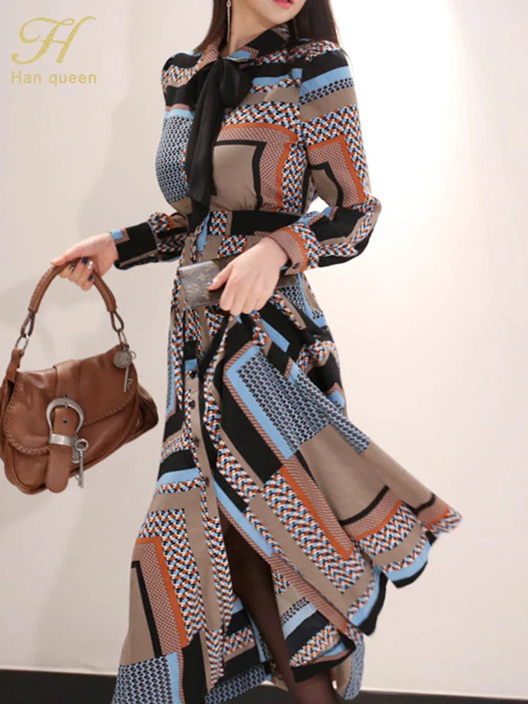 Vintage Print Long Shirt Dress For Women Ankle Length