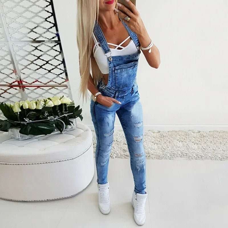 Casual Denim Jumpsuit for Women Strappy Off Shoulder Ripped Boyfriend Jeans Overalls Summer Long Pants Rompers Stylish Ladies Jumpsuit