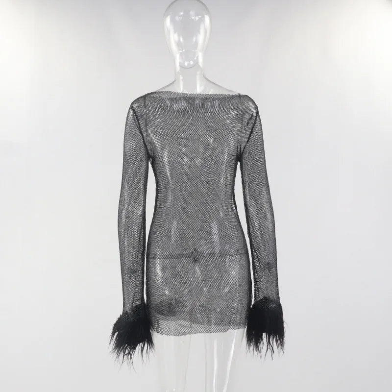 Black Mesh See Through Mini Dress Women Bodycon Clubwear