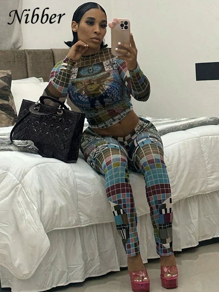 Colorful Pixel Print Mesh Women 2 Piece Tracksuit Set with Full Sleeve Crop Top and Stretch Leggings for Trendy Streetwear