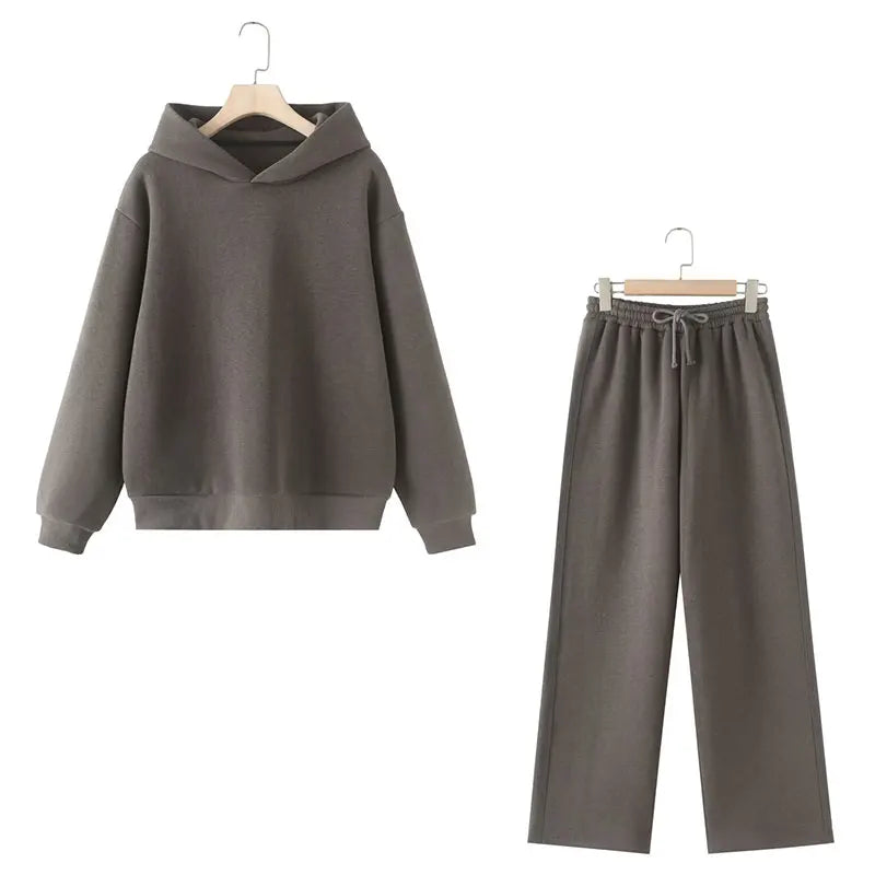 Solid Hoodie Top and Wide Leg Long Pant Set for Women with Elastic Waist and Chic Lace-Up Design