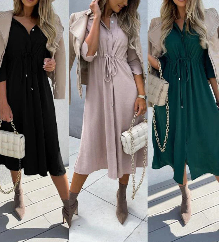 Women's Lace Up Waist Dress Mid Sleeve Aline Solid Color