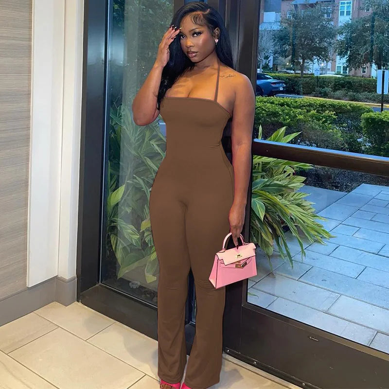 Sleeveless Halter Backless Bodycon Jumpsuit with Flare Pants Casual Rompers for Women Streetwear Festival Outfit