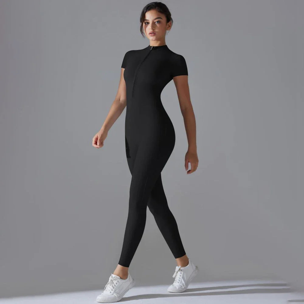 Womens Short Sleeve Yoga Jumpsuit Slim Fit Stretch One Piece Romper with Front Zipper Sexy Fitness Activewear Basic Sportwear in Black