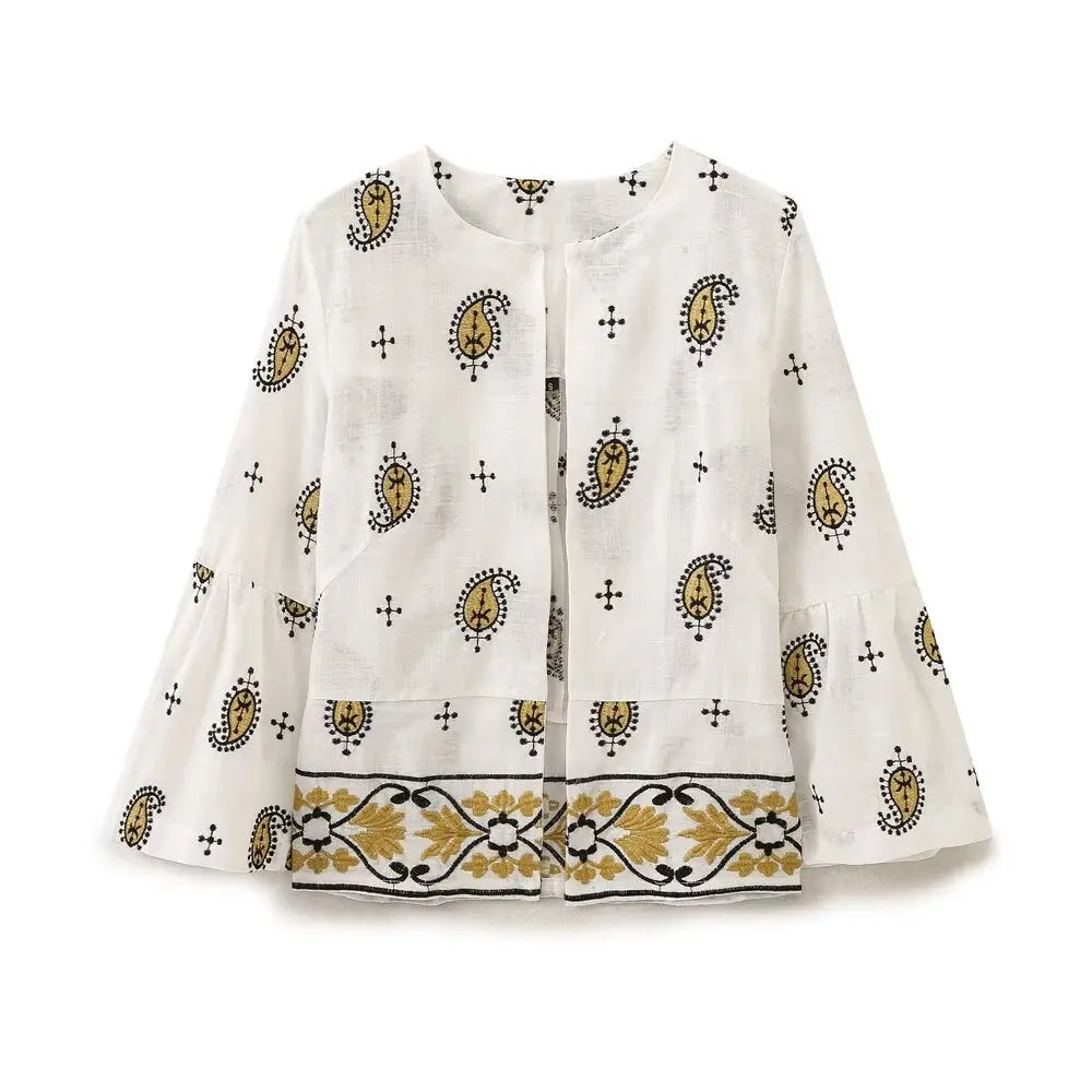 Fashion Women's Print Embroidered Shirt and Pant Set with Long Sleeve Cardigan Coat and Straight Trouser High Street Outfit