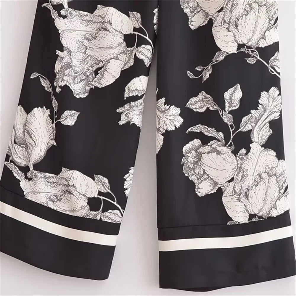 Casual Fashion Printed Collar Long Sleeve Shirt and Drawstring Pants Set for Women