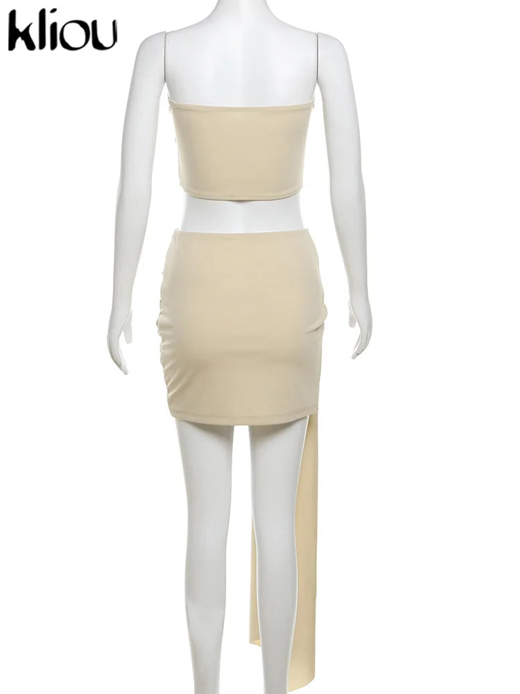 3D Floral Patchwork Two Piece Set for Women Slim Strapless Irregular Shape Top with Bandage Hip Skirt Stylish Holiday Outfit