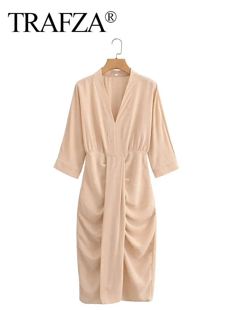 Women Elegant Solid Waist Draped V Neck Evening Dress