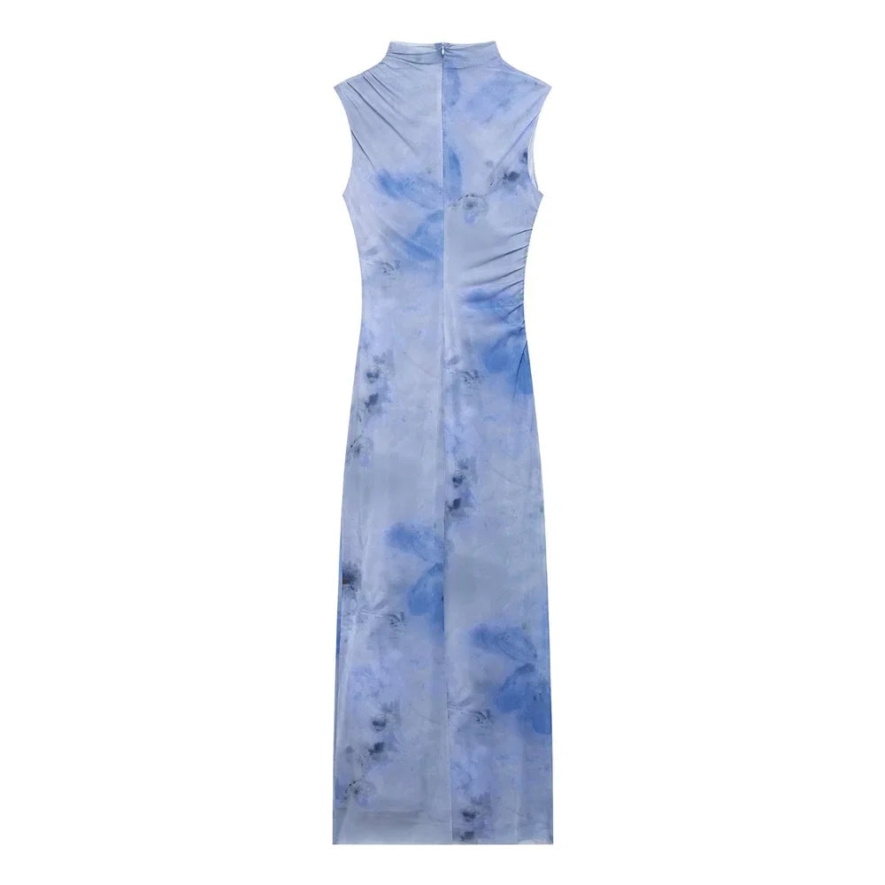 Slimming Printed Sleeveless Dress With Stand Up Collar