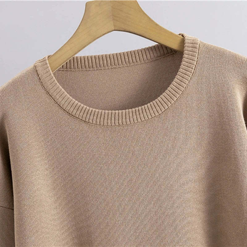 Spring Women Knitted Sweater Set Casual Pullover and Pant Outfit with Color Contrast Block Design