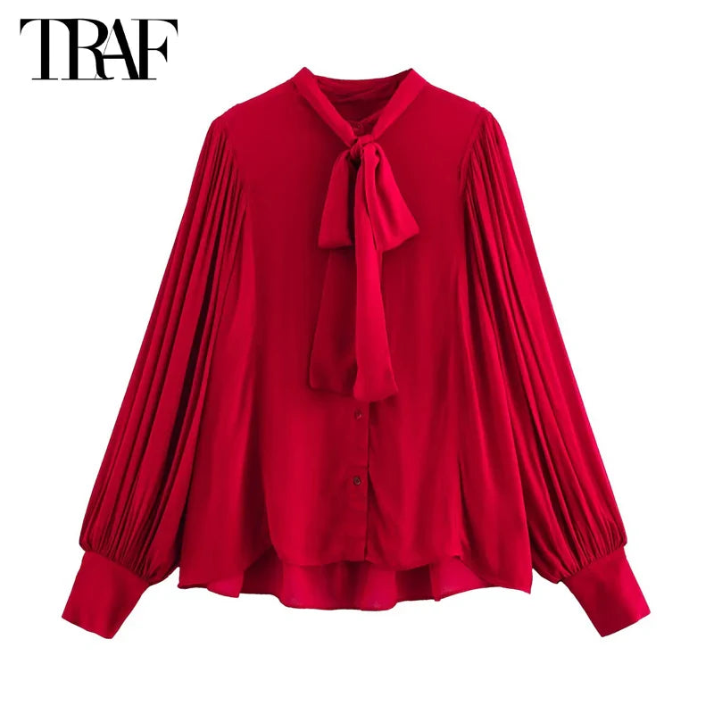 Red Bow Pleated Semi Sheer Womens Blouse Chic Button Up Shirt Elegant Spring Top for Women