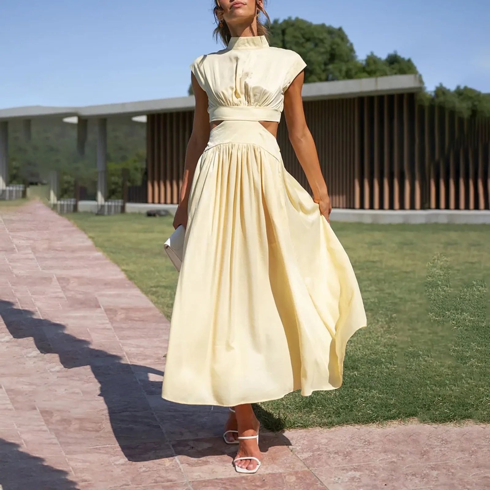 Solid Color High Waist Maxi Dress Sleeveless With Pockets