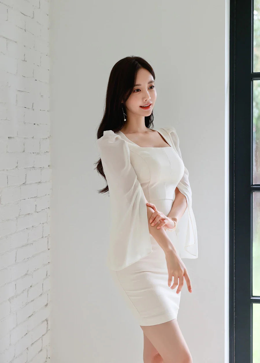 Korean White Sheath Dress With Flare Sleeves For Work