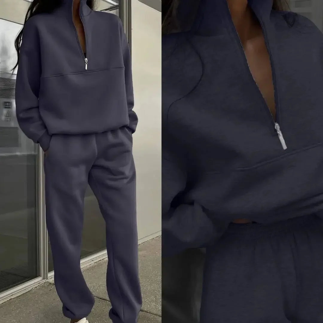 Casual Fleece Two Piece Tracksuit Set for Women with Long Sleeve Hoodie and Trousers