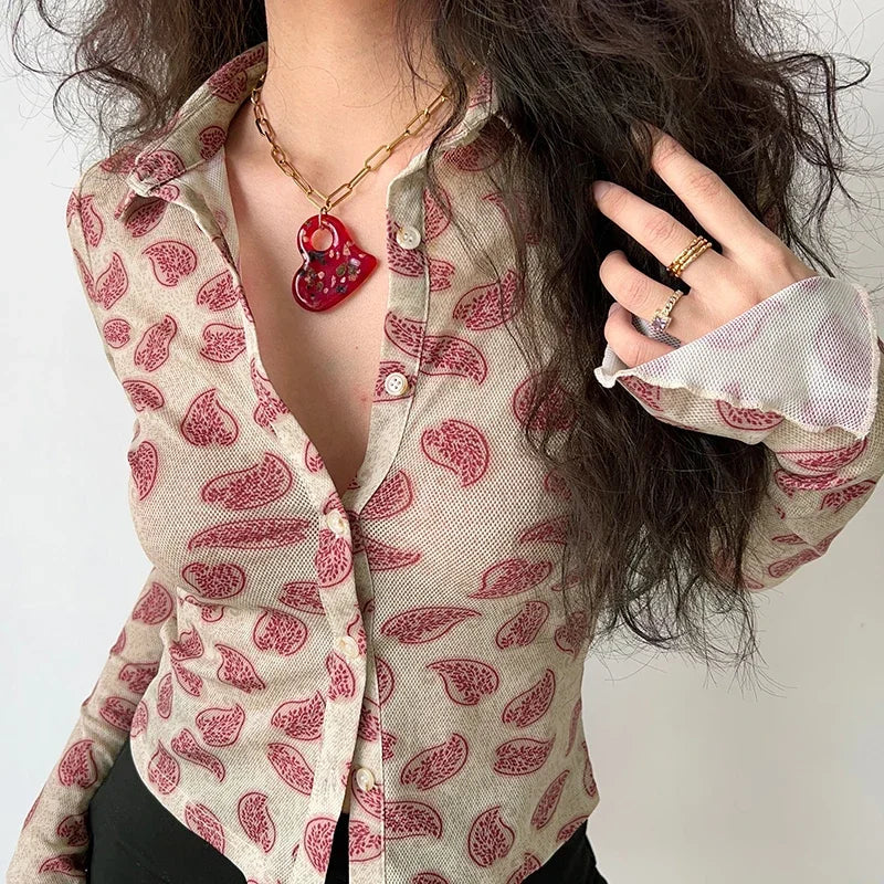 Women Printed Long Sleeve Blouse Turn-Down Collar Button-Up Cardigan Shirt Casual Office Top Vintage Autumn Fashion