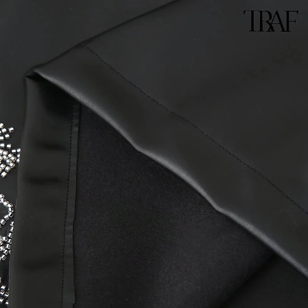 Beaded Dress Faux Leather U Neck Evening Gown For Party