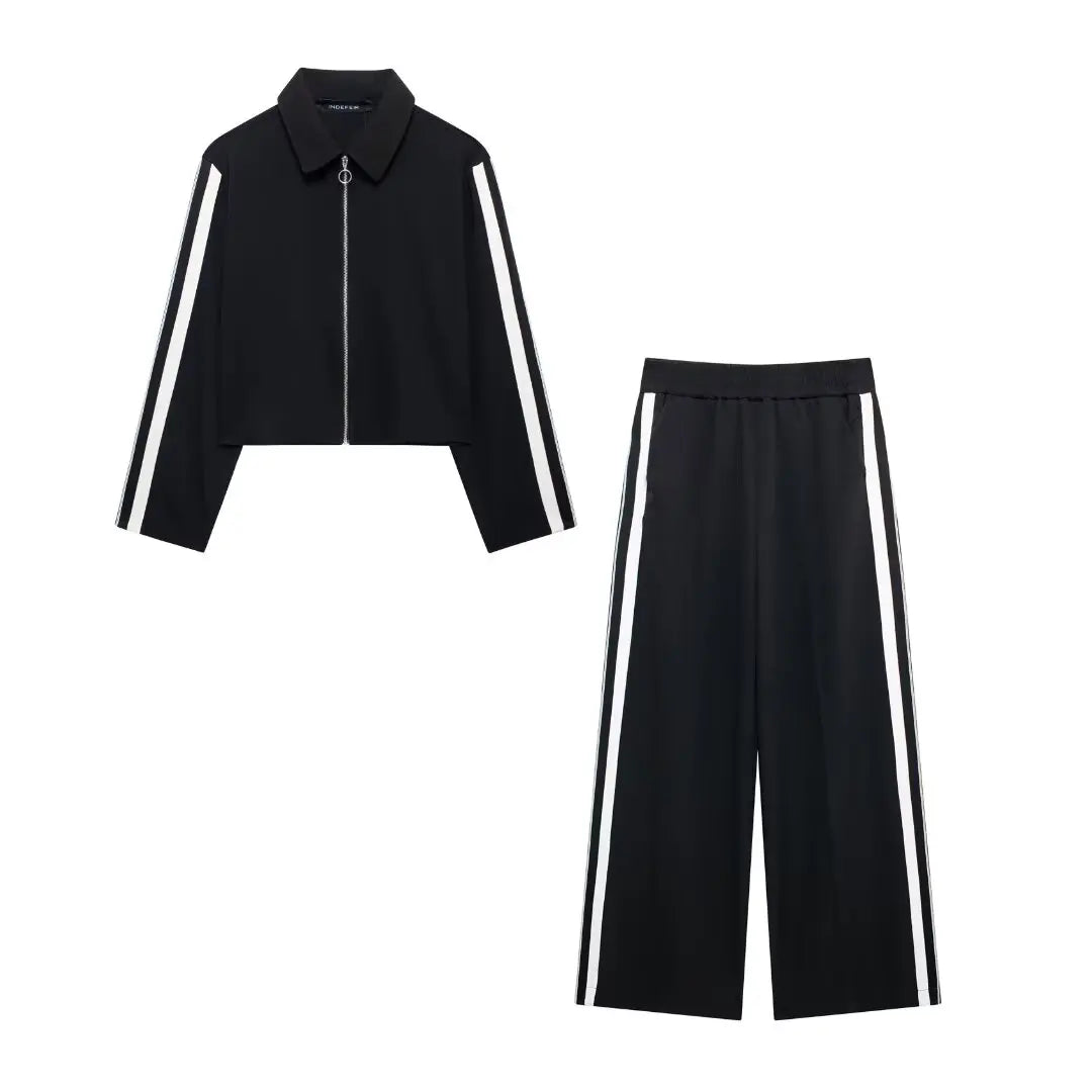 Women's Fashion Side Stripe Coat Pant Set with Long Sleeve Zipper Jacket and Elastic Waist Wide Leg Pants
