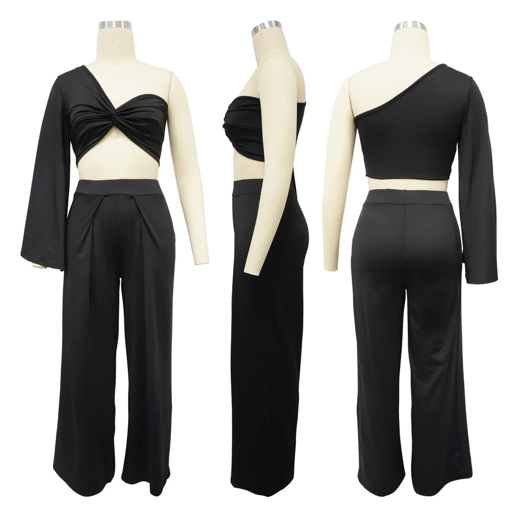 Women's Ruched One Shoulder Sleeve Crop Top and Wide Leg Pants Two Piece Set Outfit