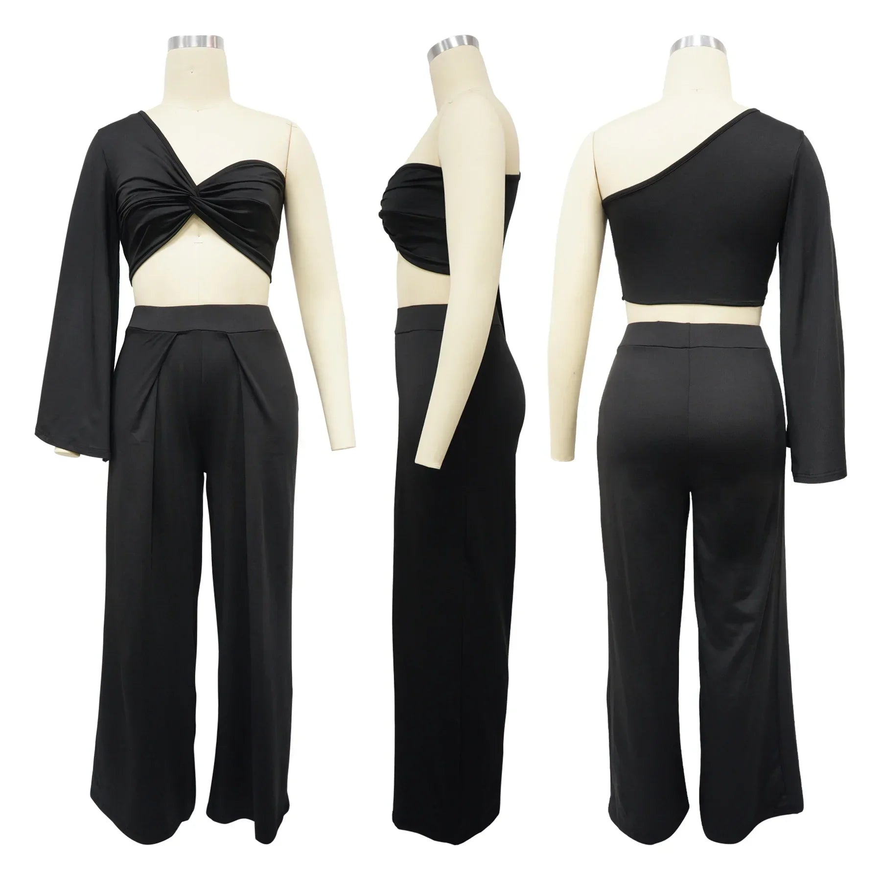 Women's Ruched One Shoulder Sleeve Crop Top and Wide Leg Pants Two Piece Set Outfit