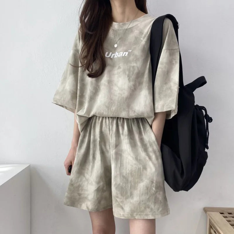 2Piece Women's Tie Dye T-Shirt and Wide Leg Shorts Set Casual Loose Fit Soft Summer Outfit with Pockets