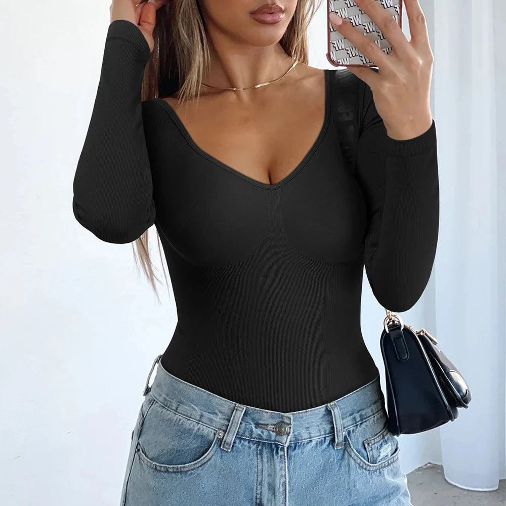 Sexy Long Sleeve Bodysuit for Women Skinny Bodycon V-Neck Push Up Romper Streetwear Jumpsuit