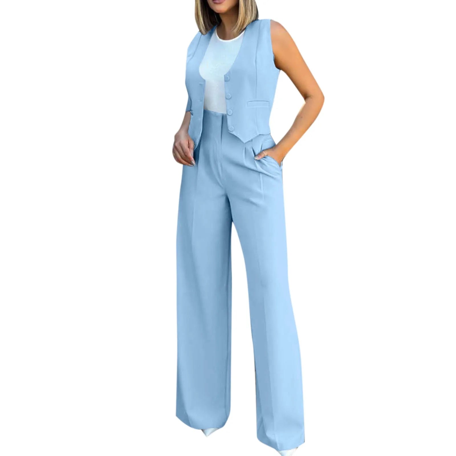 Sleeveless V-Neck Vest and High Waist Wide Leg Pant Set for Women Casual Chic Vintage Elegant Two Piece Outfit for Office and Everyday Wear