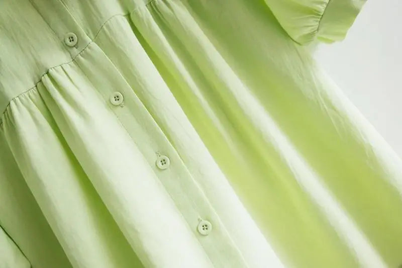 Blue Peter Pan Collar Single Breasted Short Sleeve Loose Fit Women's Blouse Shirt Lightweight Casual Top