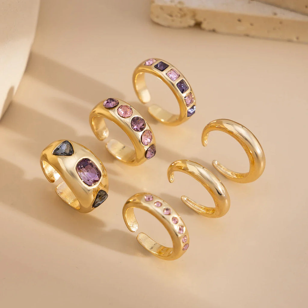 Adjustable Purple Zircon Inlaid Gold Color Ring Set for Women - 6 Piece Fashion Jewelry Collection