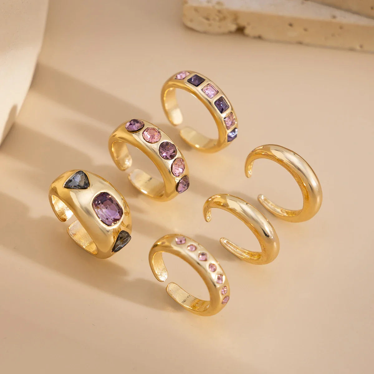 Adjustable Purple Zircon Inlaid Gold Color Ring Set for Women - 6 Piece Fashion Jewelry Collection
