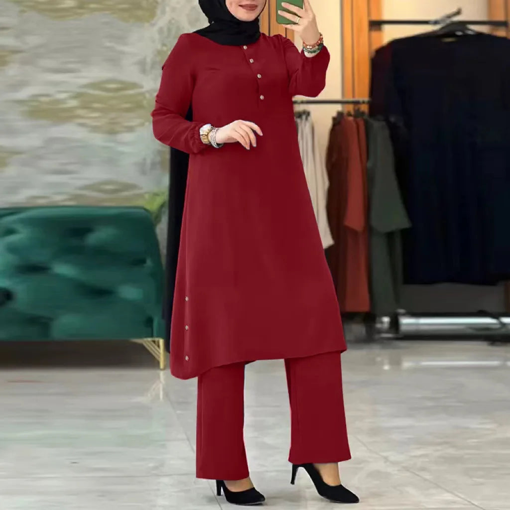 Women's Elegant Two Piece Muslim Abaya Set with Irregular Long Shirt and Wide Leg Pants